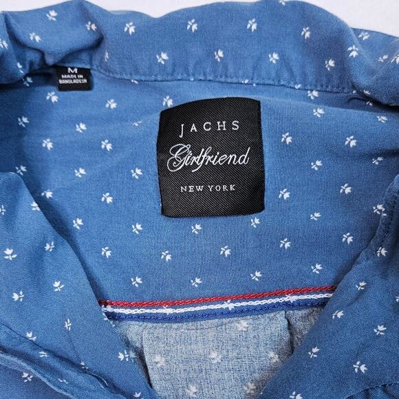 Jachs Girlfriend Floral Blue Button Up Chambray Top Size Medium Short Sleeve - Picture 5 of 8